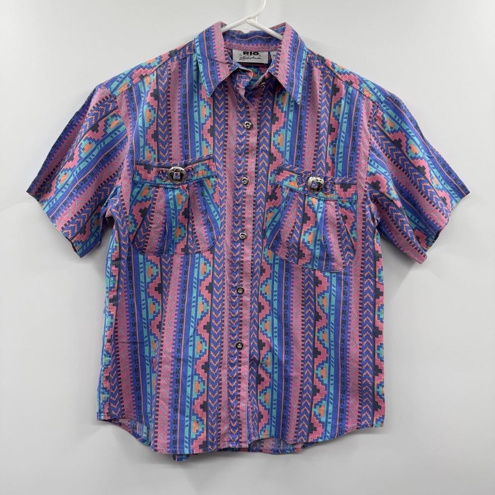 Vintage 90s RIO Western Aztec Shirt M Purple Geometric Concho Pocket